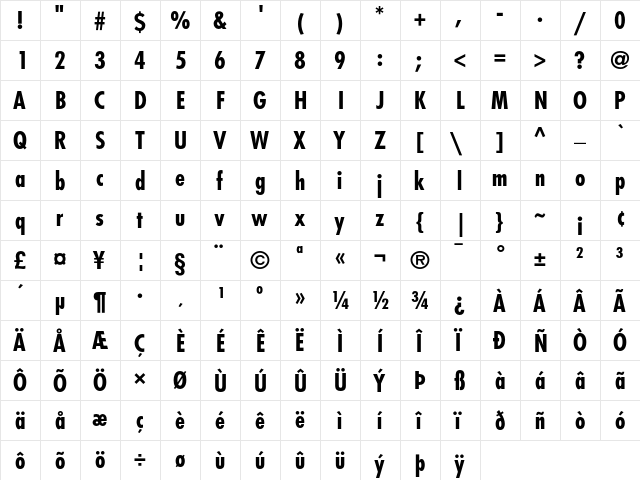 Futura Condensed Bold  glyph index