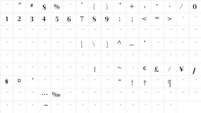 JardineBoldTab Regular  glyph index