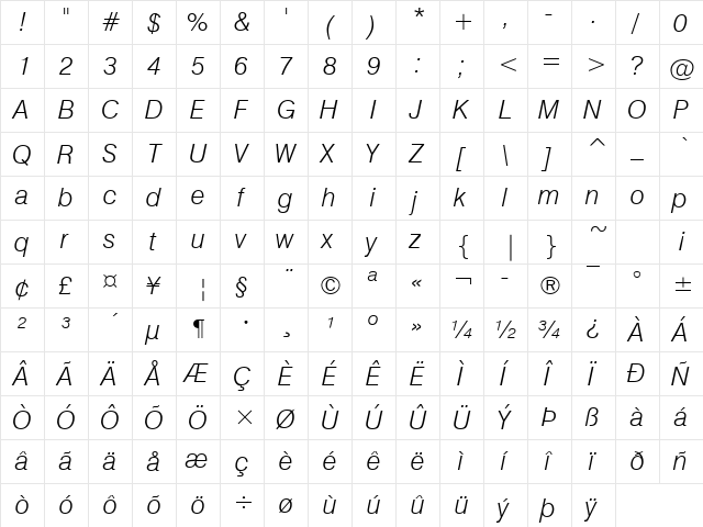 GenevaLght Italic  glyph index