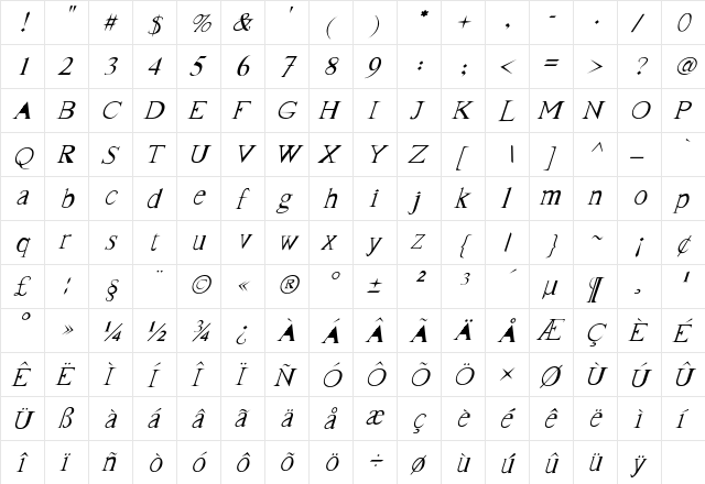 Blankboxer-Italic Regular  glyph index