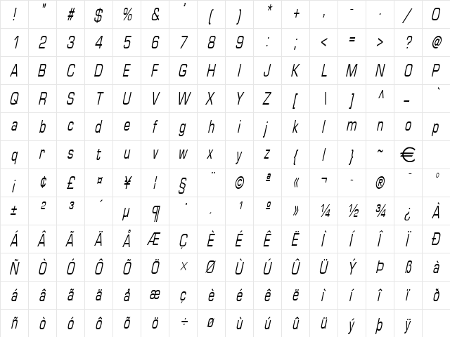 EurasiaThin Italic  glyph index