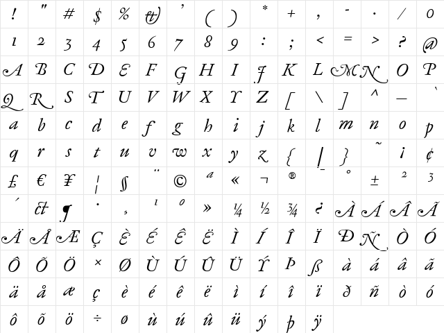 AntiqueAncienne Regular  glyph index