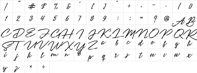 Angelines Script Regular  glyph index