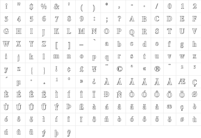 Concorde BE Bold Condensed Outline  glyph index