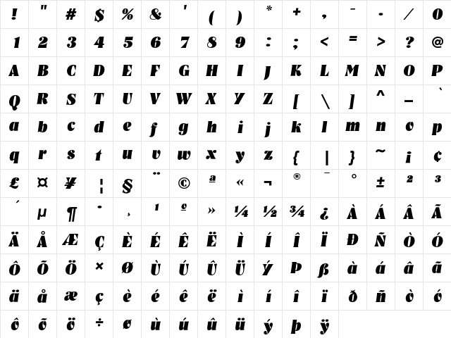 NashvilleEF HeavyItalic  glyph index