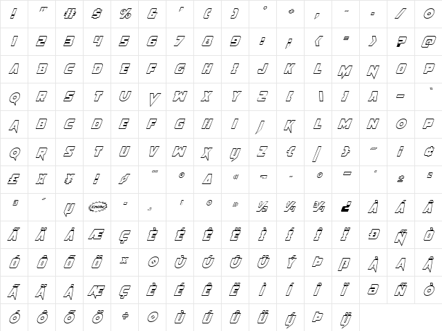 Pistoleer Outline Italic Italic  glyph index
