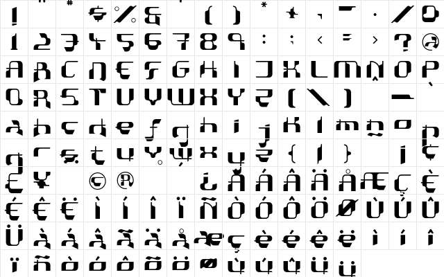 Hyperion Regular  glyph index