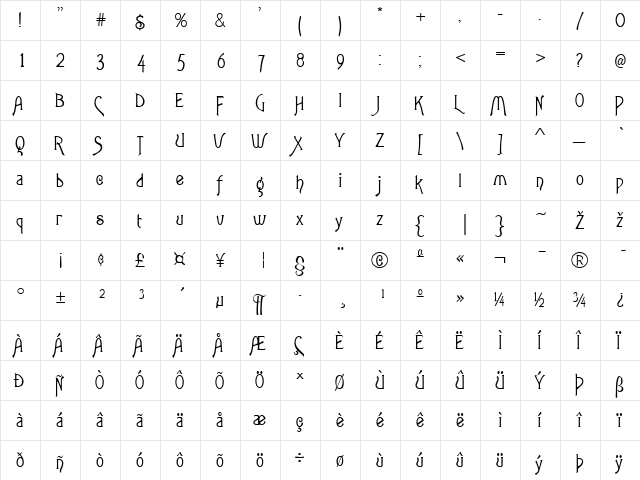 Barker Regular  glyph index