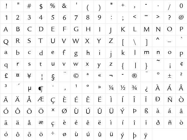 Legacy Sans ITC Regular  glyph index