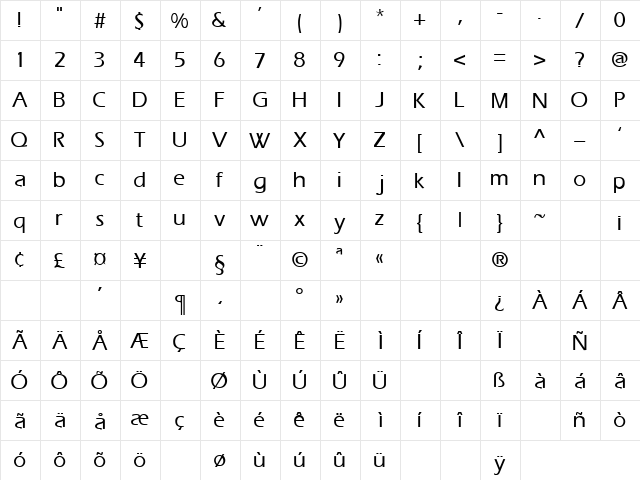 Presence 17 Regular  glyph index