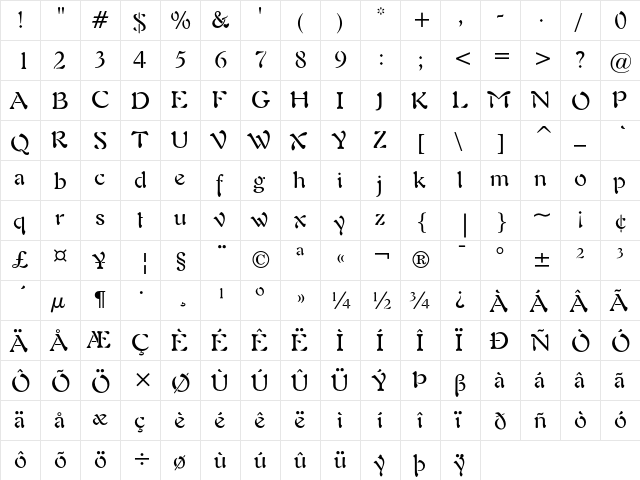 Freeform 721 Regular  glyph index