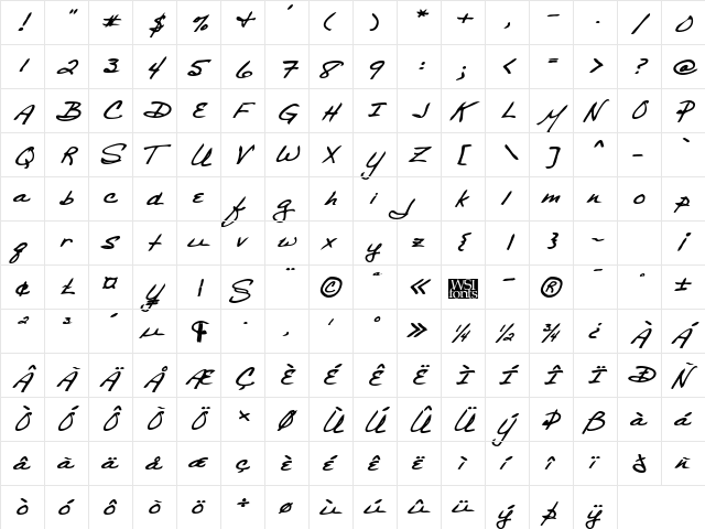 BethanysHand Bold Italic  glyph index