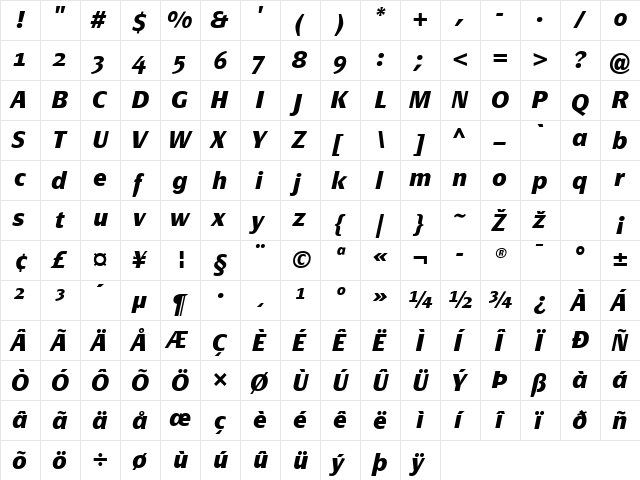 PageSans-BoldItalic Regular  glyph index