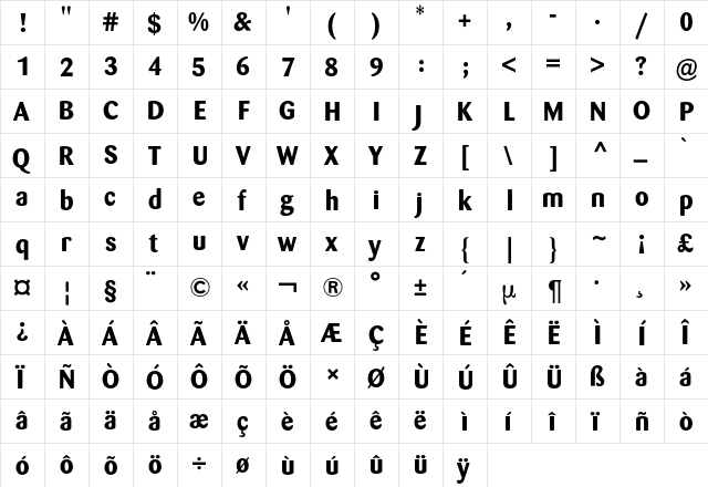 Barmeno BQ Regular  glyph index