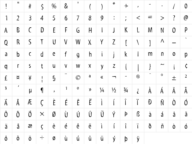 Myriad Tilt Regular  glyph index