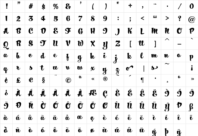 HucklebuckJF Regular  glyph index
