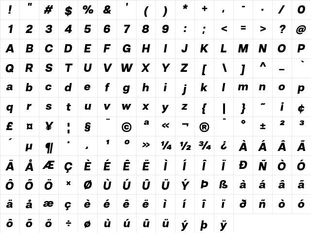 Hando Trial Blk Obl Italic  glyph index