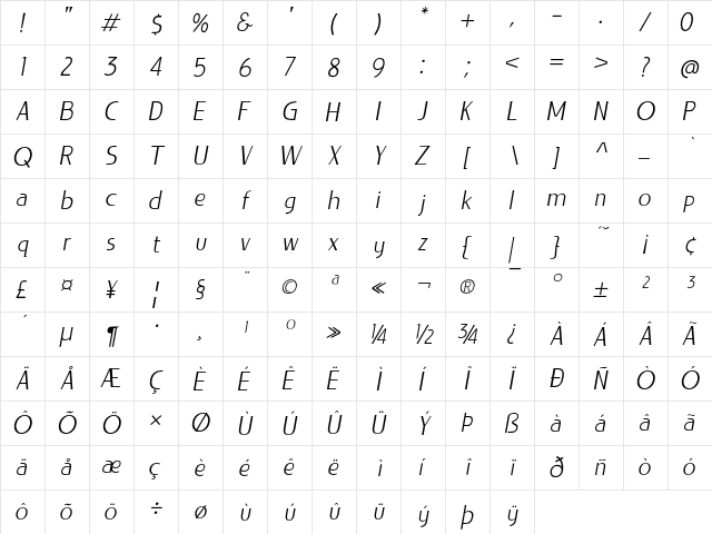 LIEUR Light Italic  glyph index