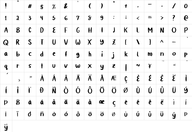 Quiky Regular  glyph index