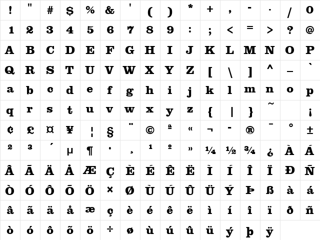 ClarendonLH Bold  glyph index