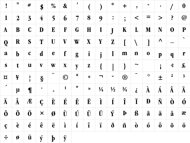 ITC Garamond Std Bold Condensed  glyph index