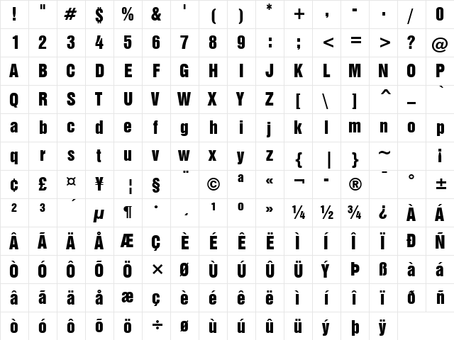 Swiss921 BT Regular  glyph index