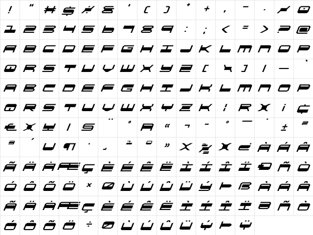 QuickGear Super-Italic Italic  glyph index