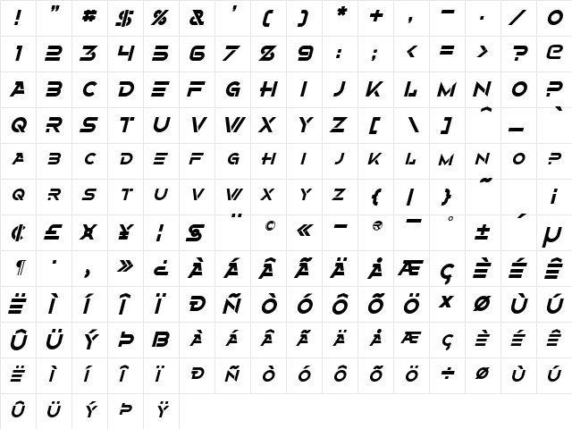 Alternity Italic  glyph index