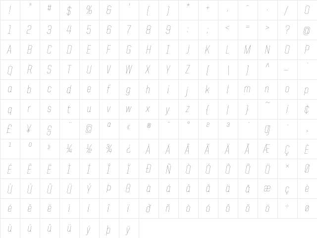 United Italic SemiCond Thin  glyph index