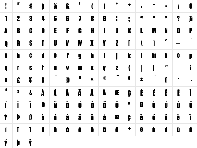 Tungsten Black  glyph index