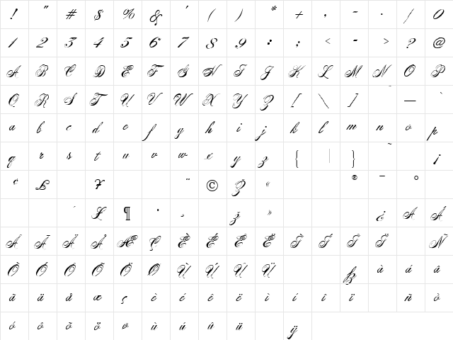 Virginia Antique Regular  glyph index