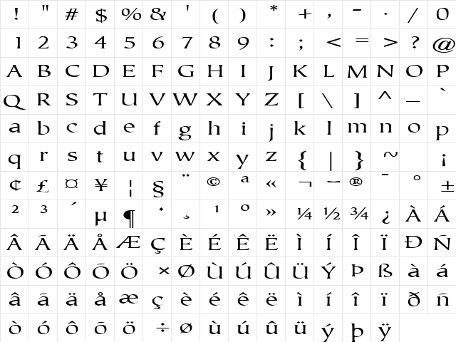JusticeSystemExtended Regular  glyph index