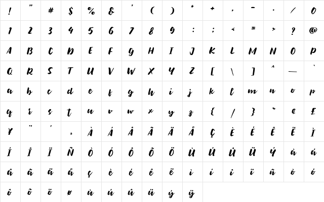 Bolten Regular  glyph index