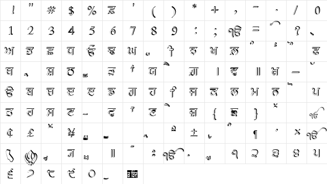 AnmolRaised Regular  glyph index