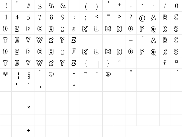 Punked Out Regular  glyph index