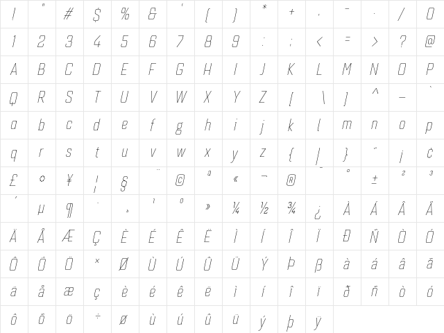 Quarca Cond Thin Italic  glyph index