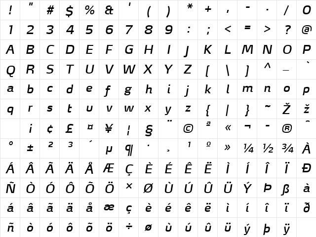 MaxDemiSerifLF-BookItalic Regular  glyph index