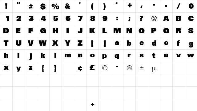 MercatDisplaySSK Regular  glyph index