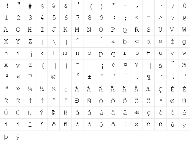 NimbusMonLUN Regular  glyph index