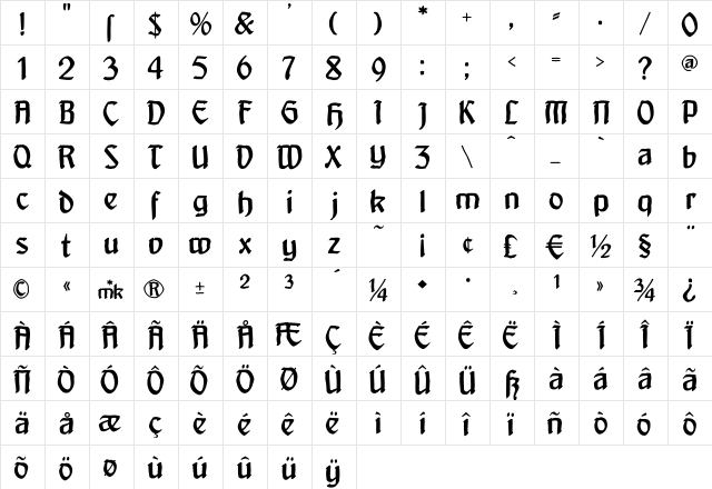 ArtNoveauDecadente Regular  glyph index