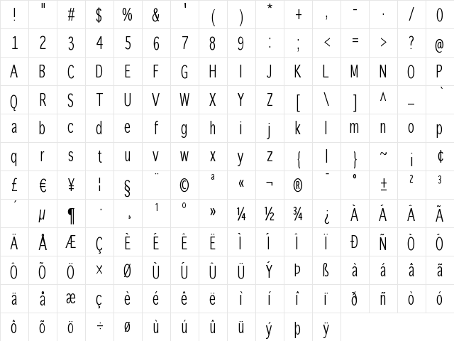 WinterthurCondensed Regular  glyph index