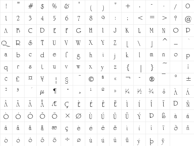 Opera Regular  glyph index