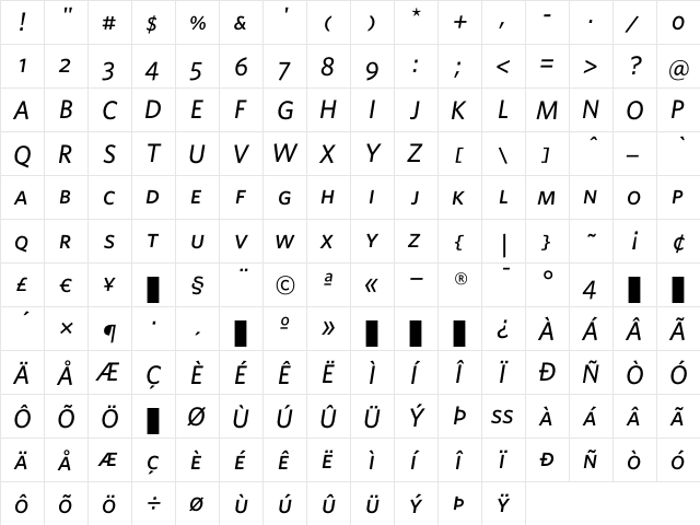 Whitney MediumItalicSC  glyph index