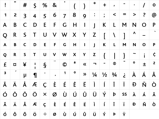 BlissCaps Regular  glyph index