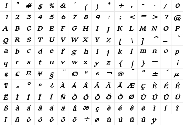 Clayton Wide Bold Italic  glyph index