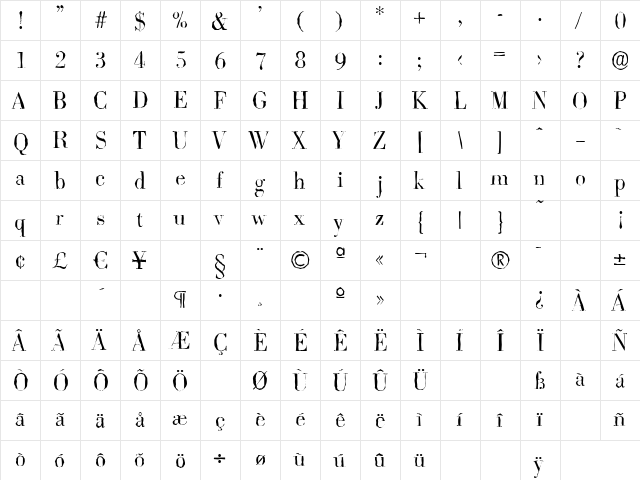 BodoniAntique-Light Regular  glyph index