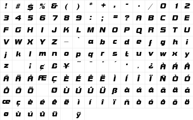 Bolts SF Italic  glyph index