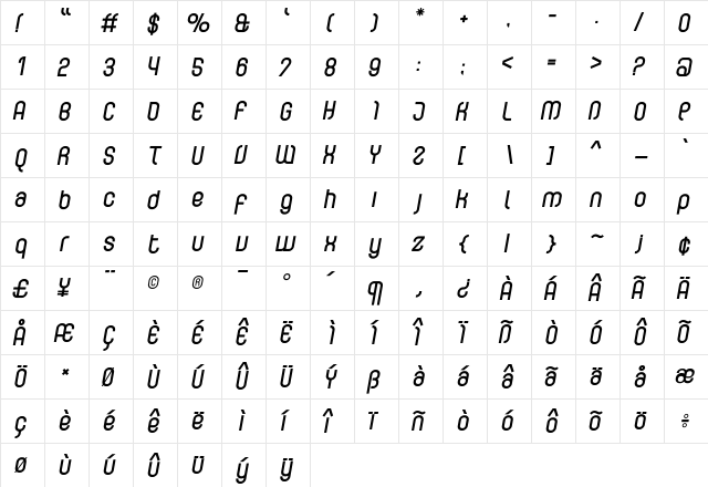 Curvature Bold  glyph index