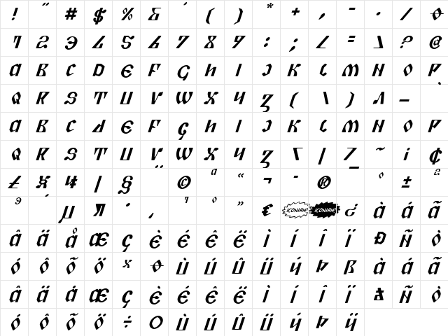 Piper Pie Italic Italic  glyph index