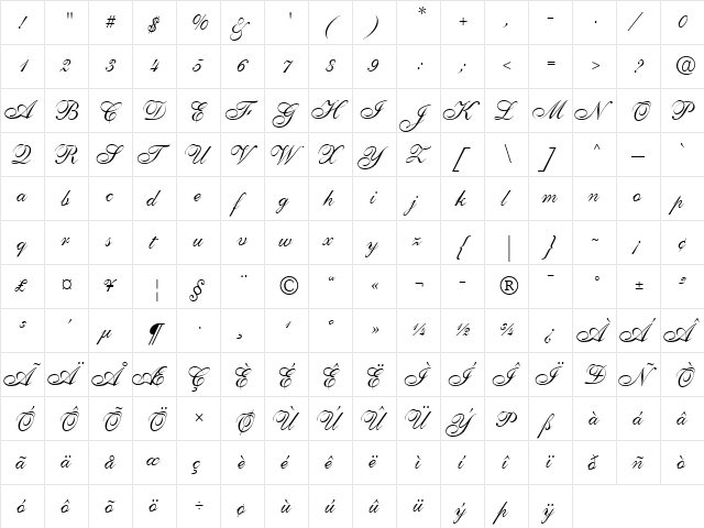 Shelley LT AllegroScript Regular  glyph index